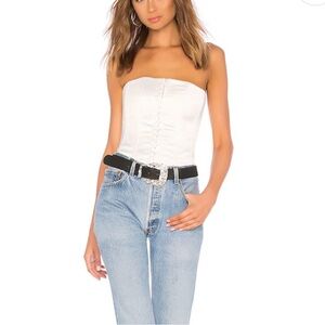 Danielle Guizio White Strapless Top with Blue Jeans
